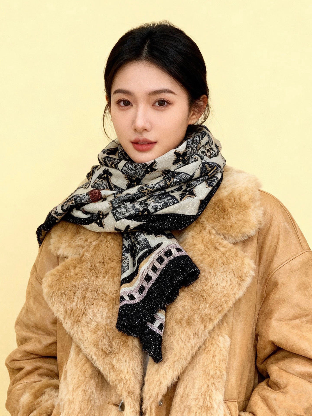 LV Monogram Scarf 200cm Black White Cashmere 969186