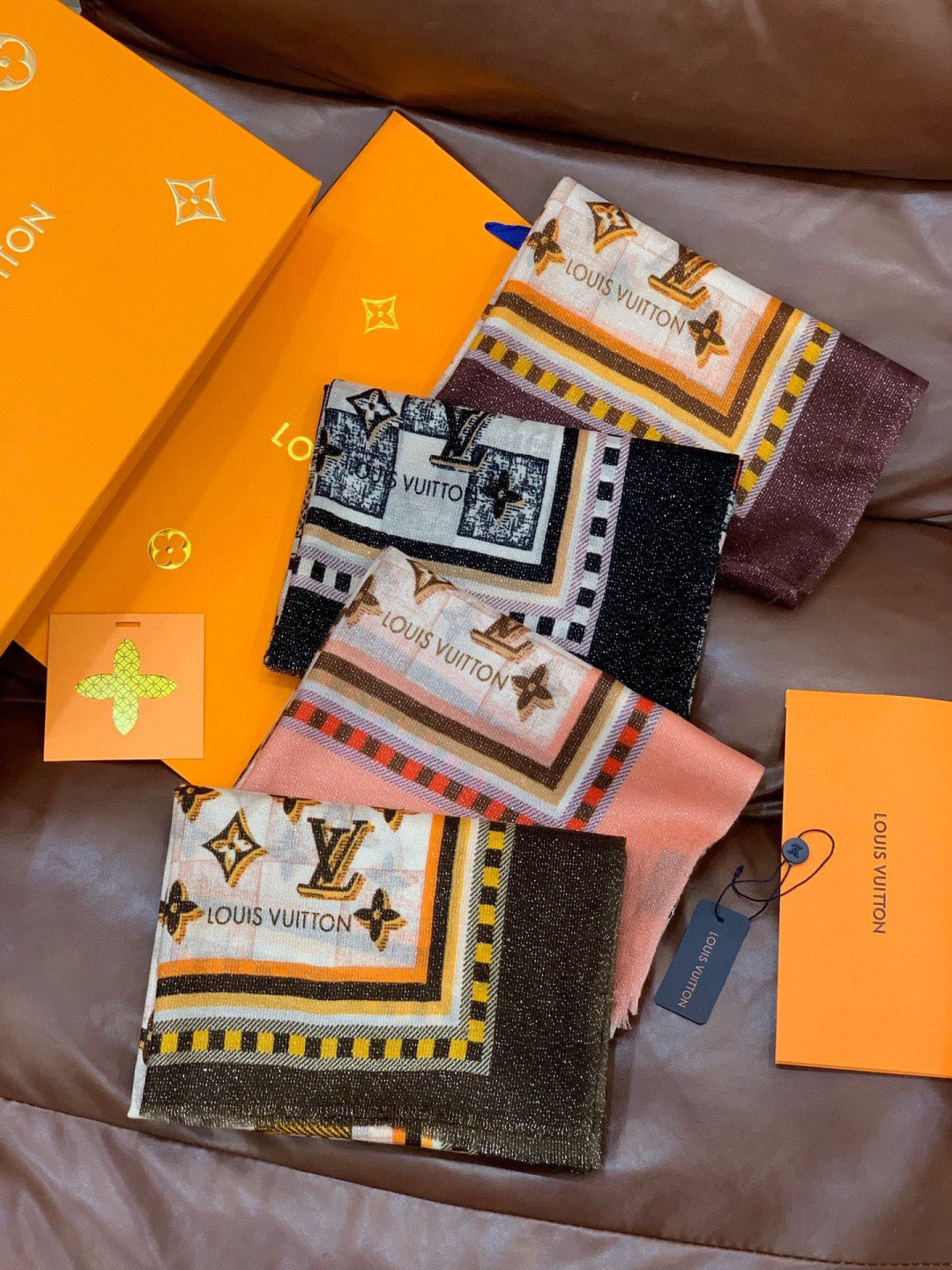 LV Monogram Scarf 200cm Black White Yellow Cashmere 969187