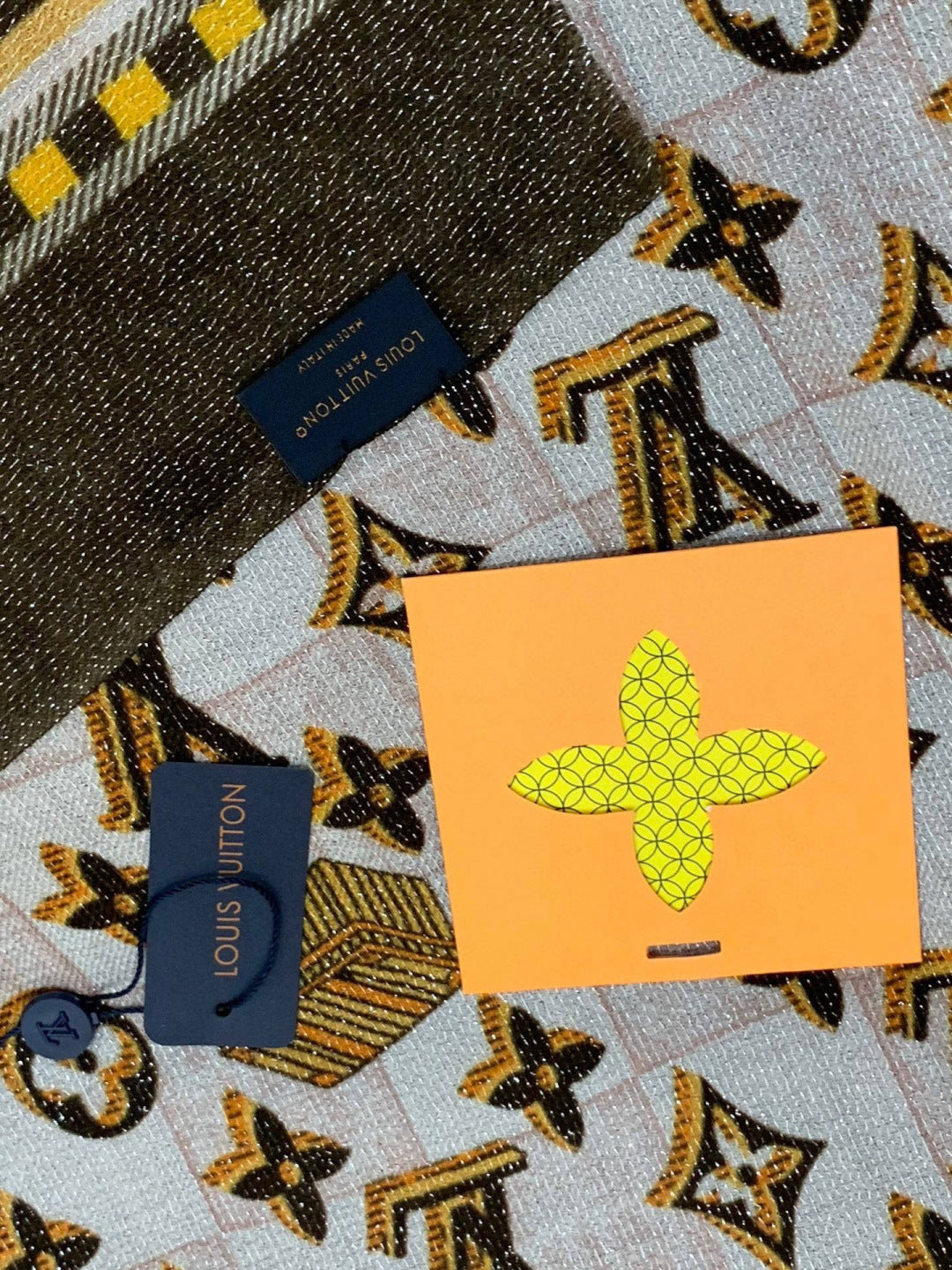 LV Monogram Scarf 200cm Black White Yellow Cashmere 969187