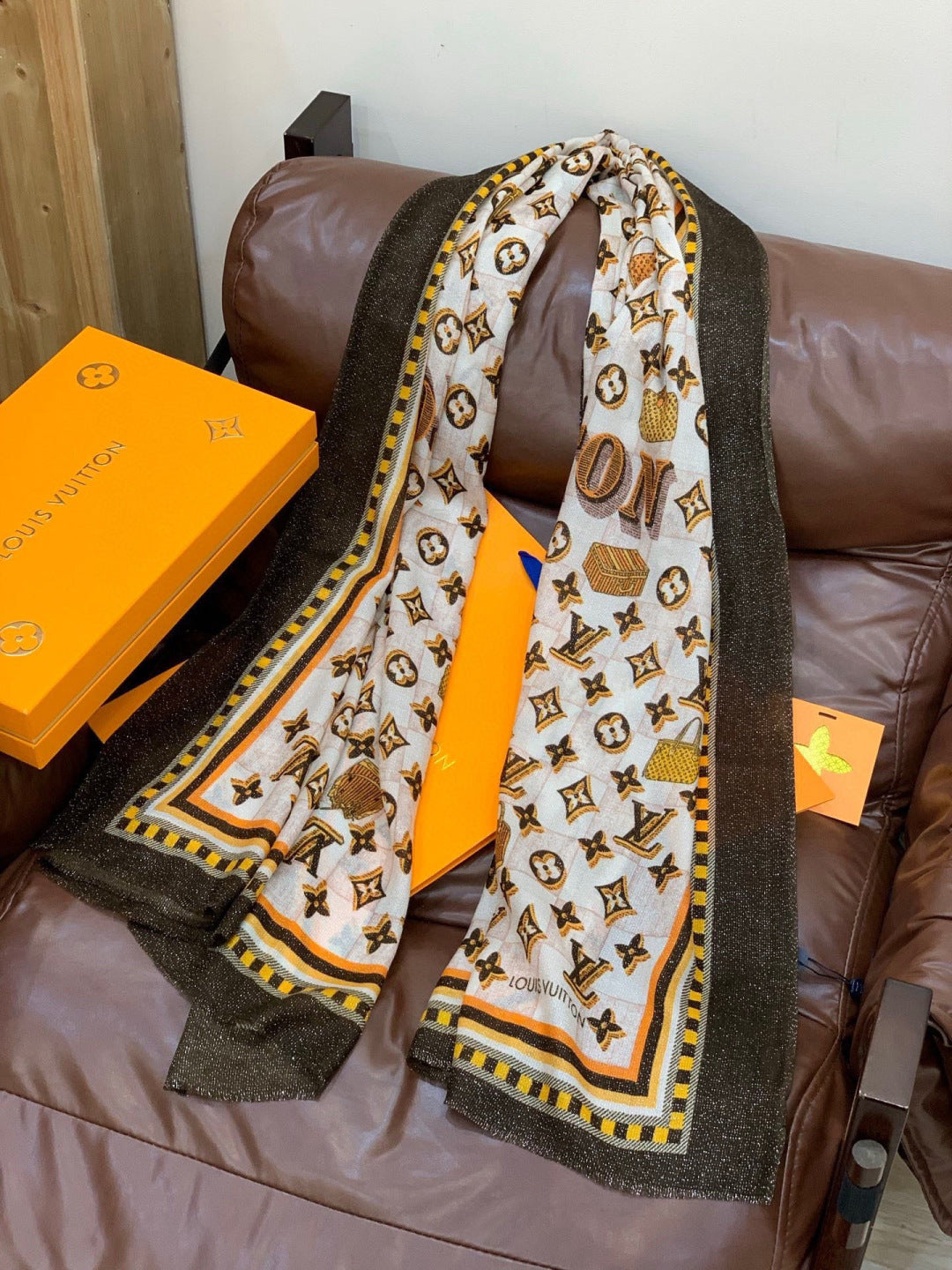 LV Monogram Scarf 200cm Black White Yellow Cashmere 969187