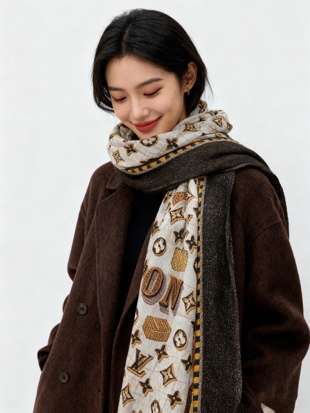 LV Monogram Scarf 200cm Black White Yellow Cashmere 969187