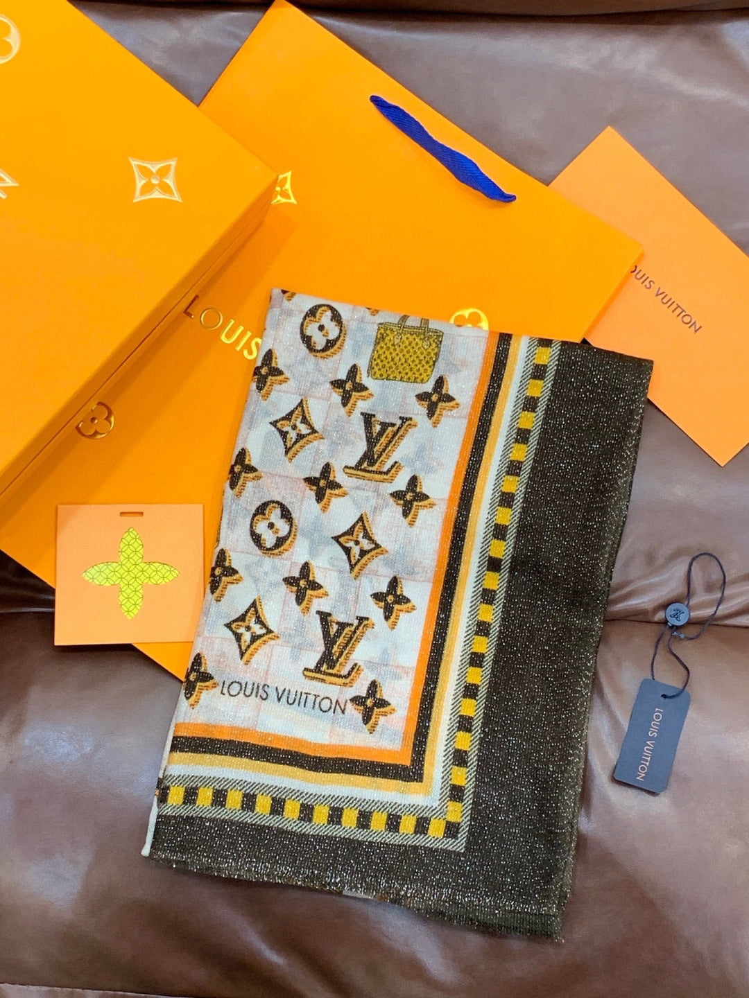 LV Monogram Scarf 200cm Black White Yellow Cashmere 969187