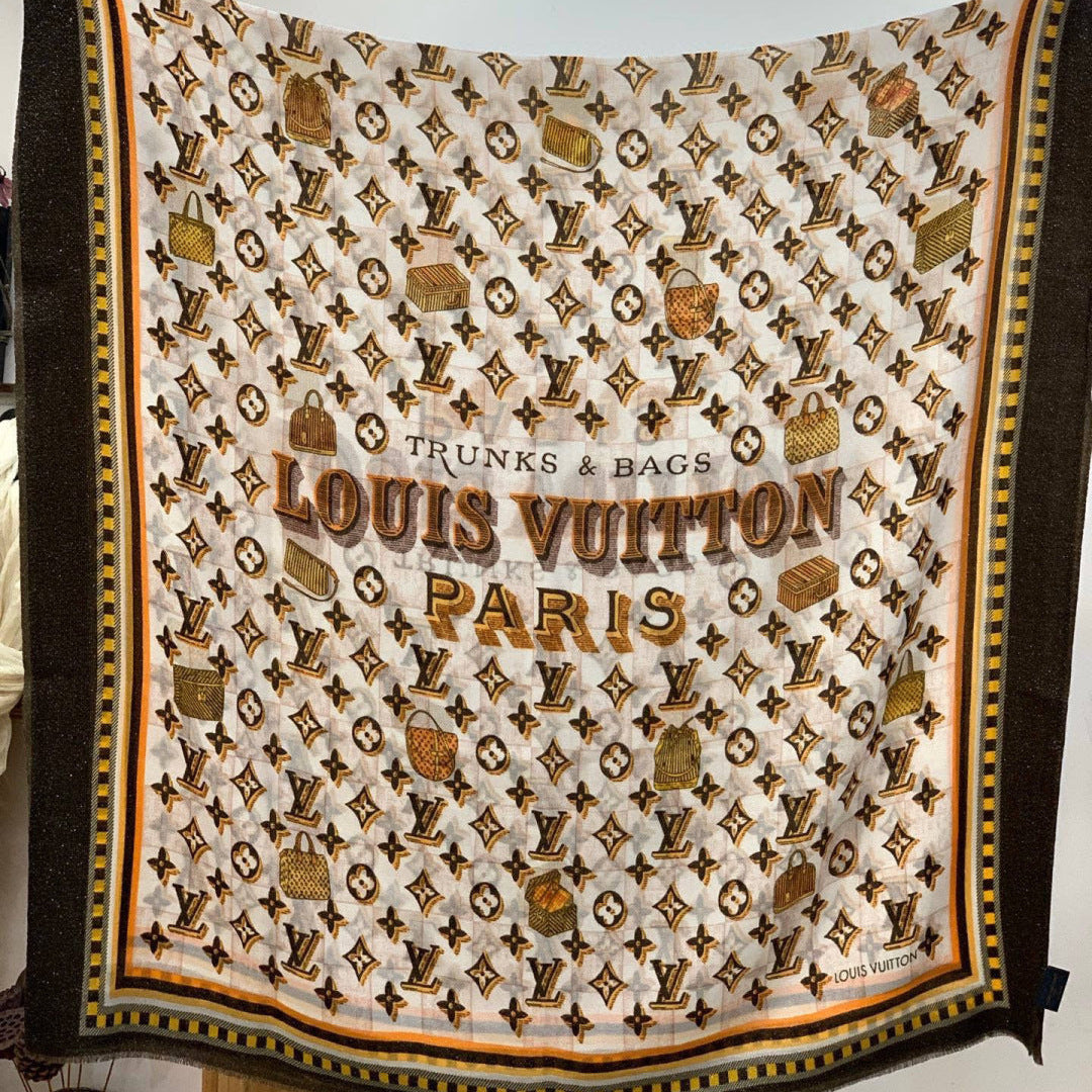 LV Monogram Scarf 200cm Black White Yellow Cashmere 969187