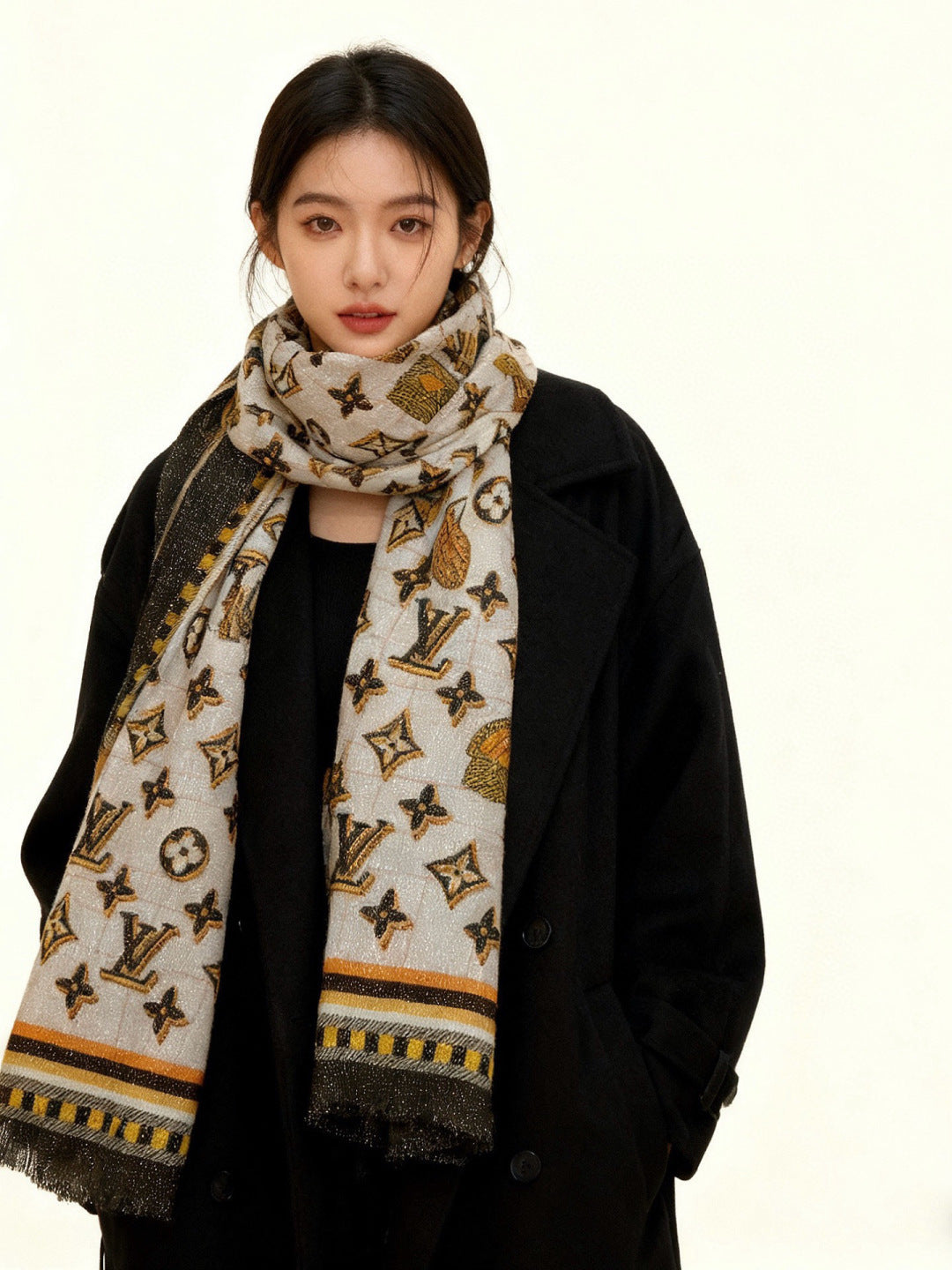 LV Monogram Scarf 200cm Black White Yellow Cashmere 969187