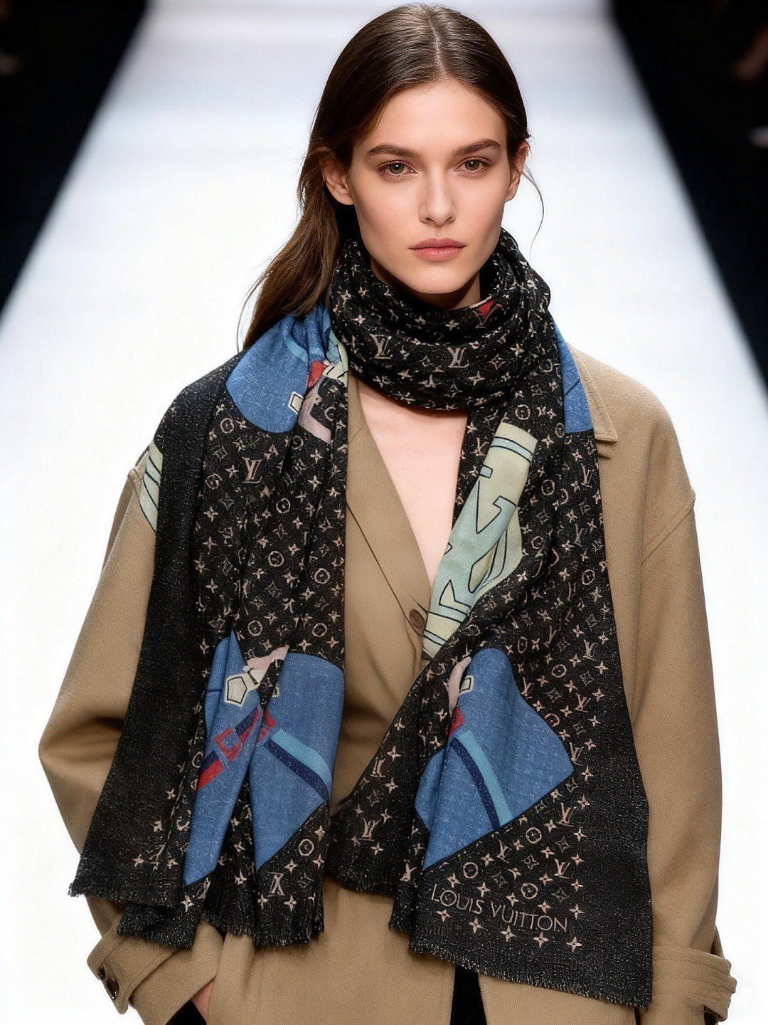 LV Monogram Scarf 200cm Black Blue Cashmere 969188