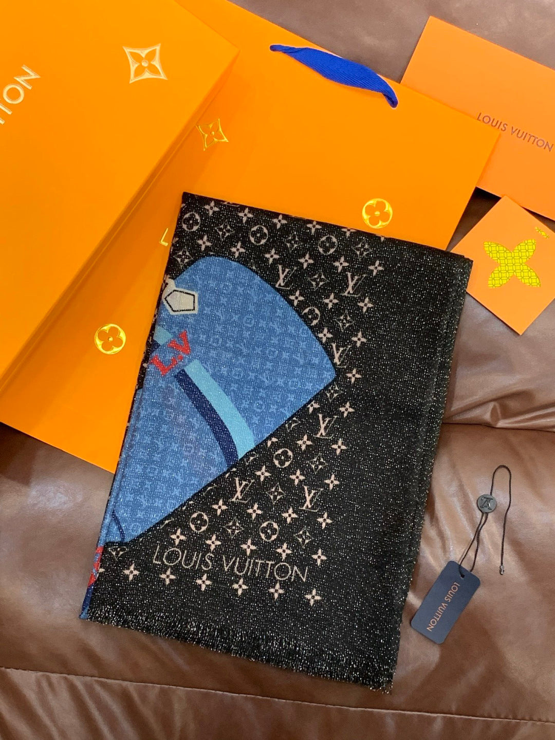 LV Monogram Scarf 200cm Black Blue Cashmere 969188