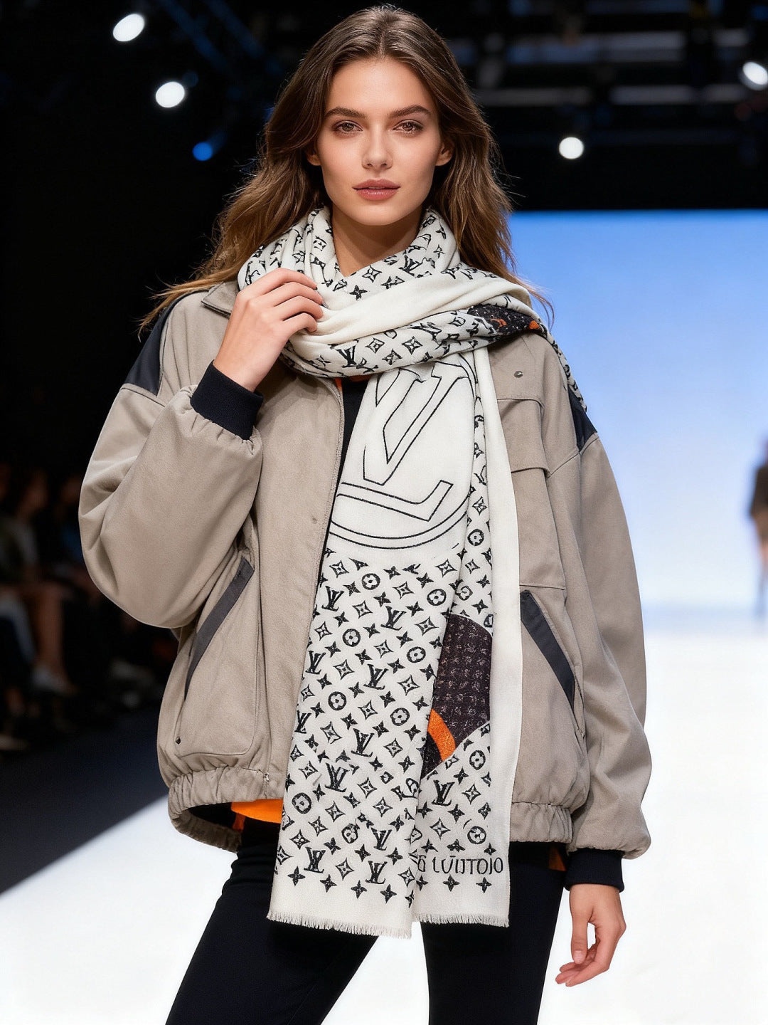 LV Monogram Scarf 200cm White Black Cashmere 969189