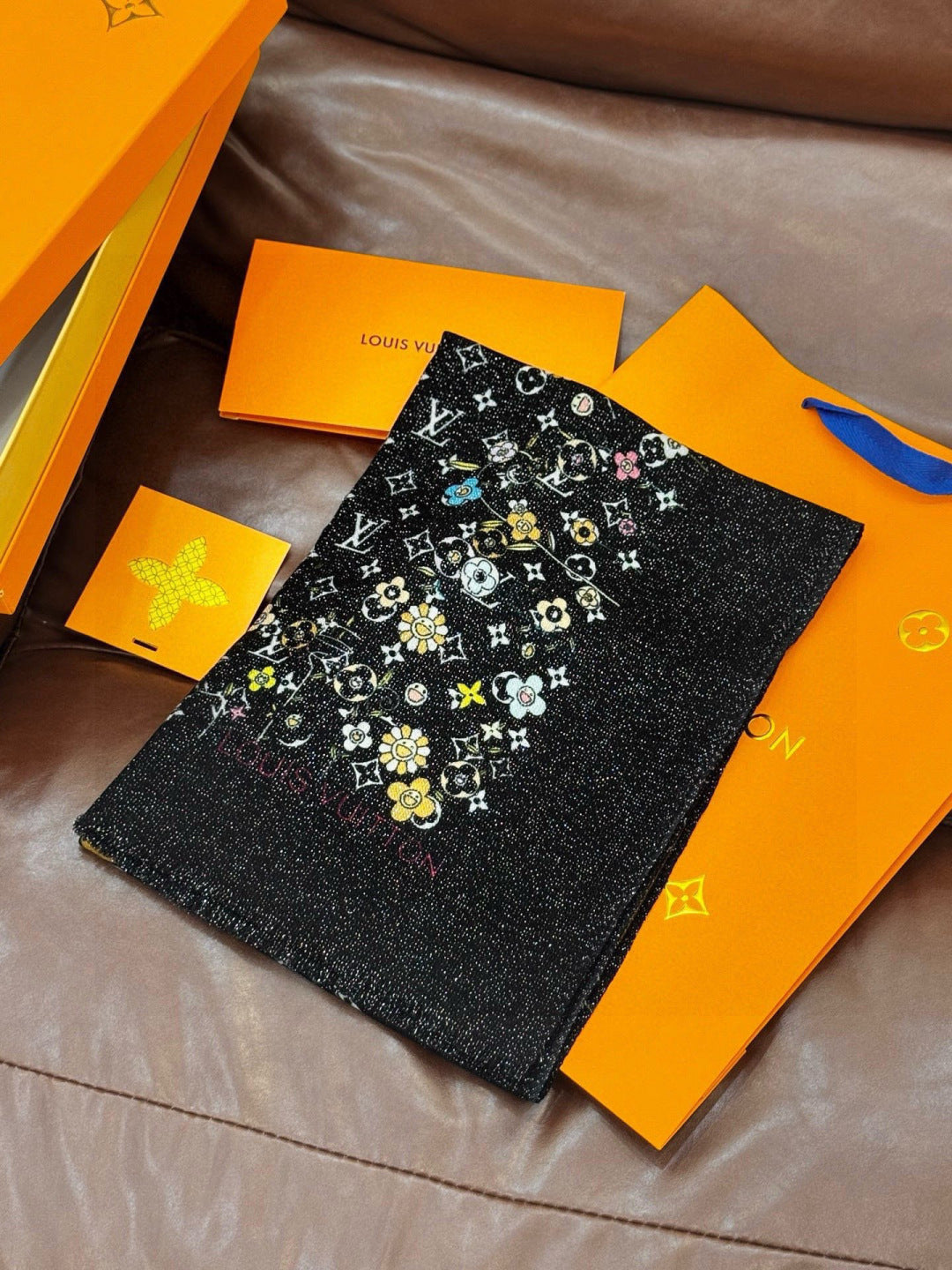 LV Glowing Scarf 200cm Black Colorful Cashmere 970879