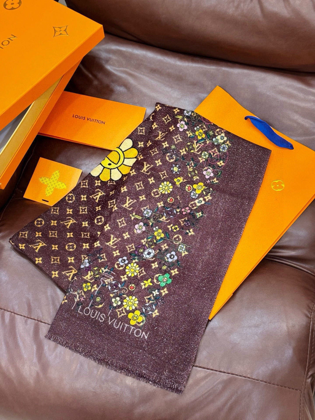 LV Glowing Scarf 200cm Brown Yellow Cashmere 970881