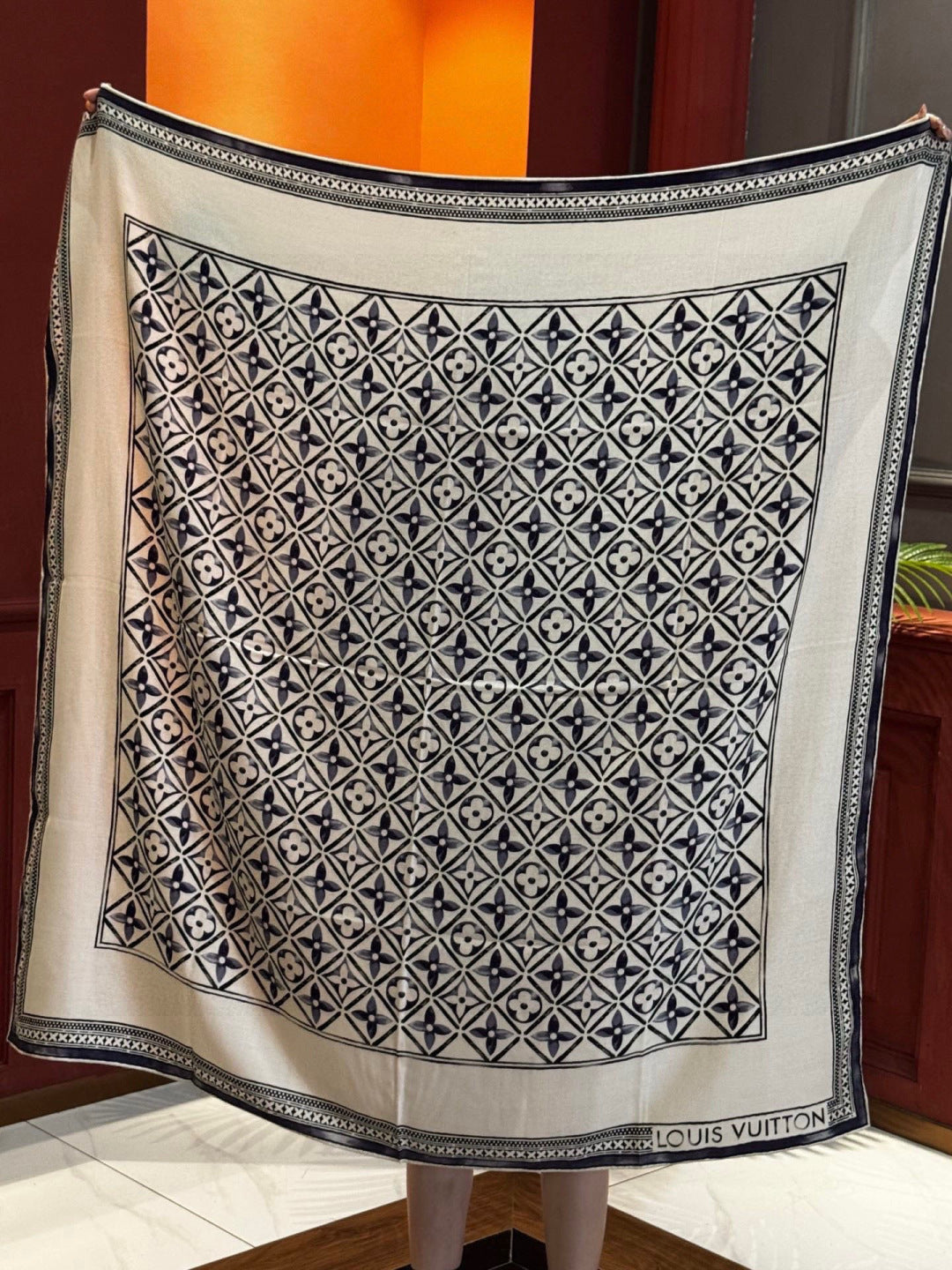 LV Velvet Square Scarf 135cm Black White Cashmere 970941