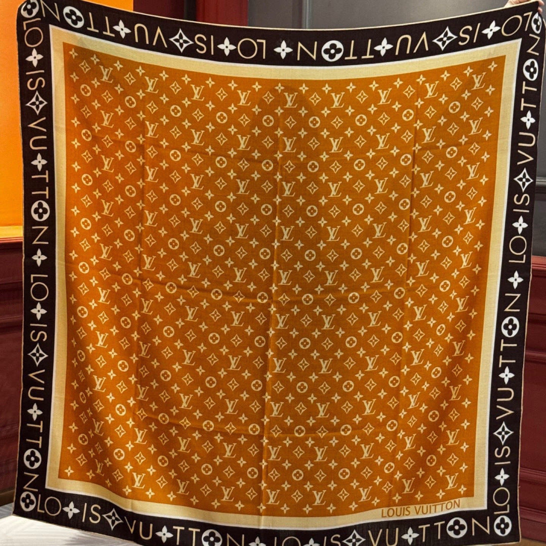 LV Velvet Square Scarf 135cm Camel Black Cashmere 970945