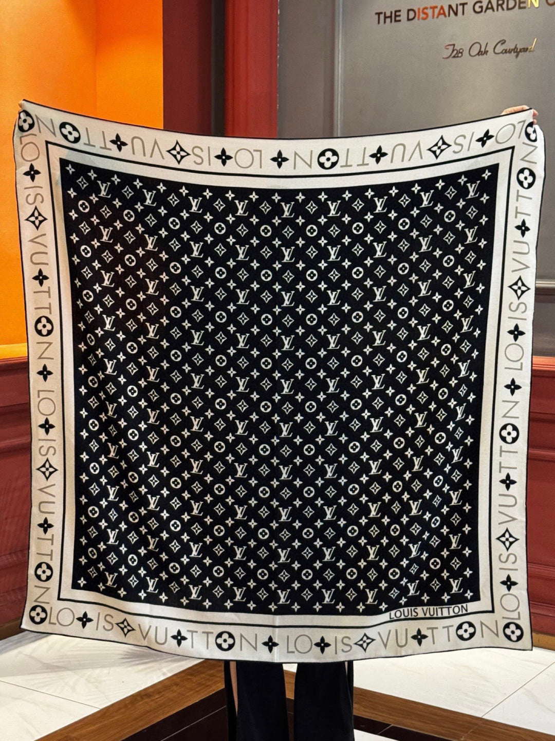 LV Velvet Square Scarf 135cm Black White Cashmere 970946