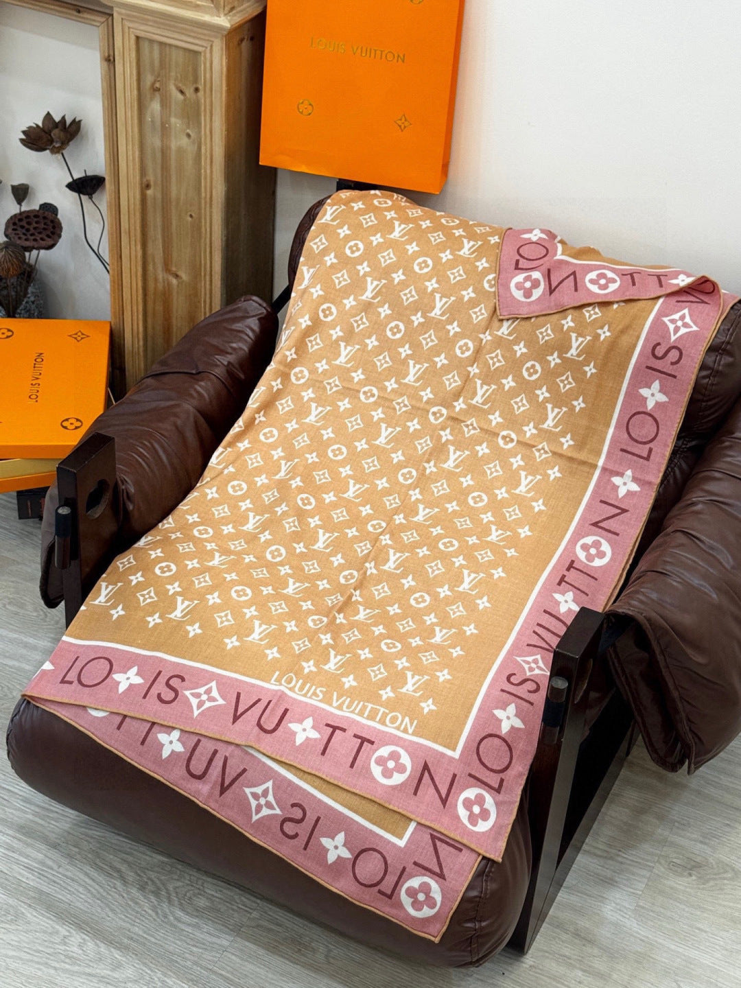 LV Velvet Square Scarf 135cm Camel Pink Cashmere 970948