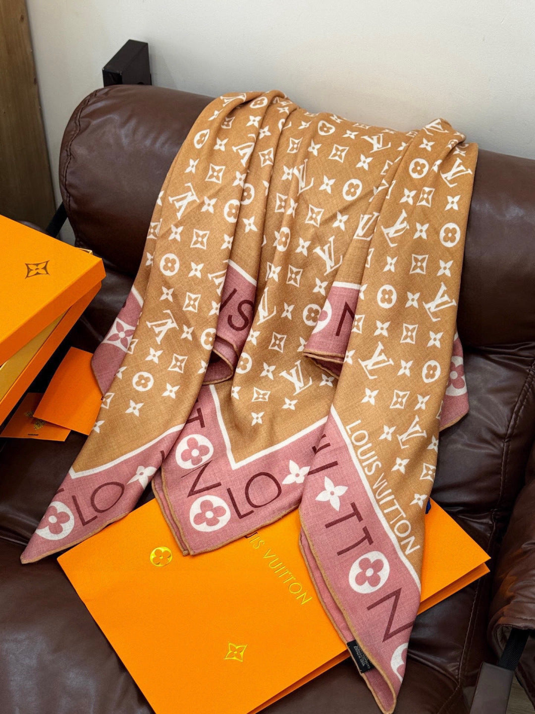 LV Velvet Square Scarf 135cm Camel Pink Cashmere 970948