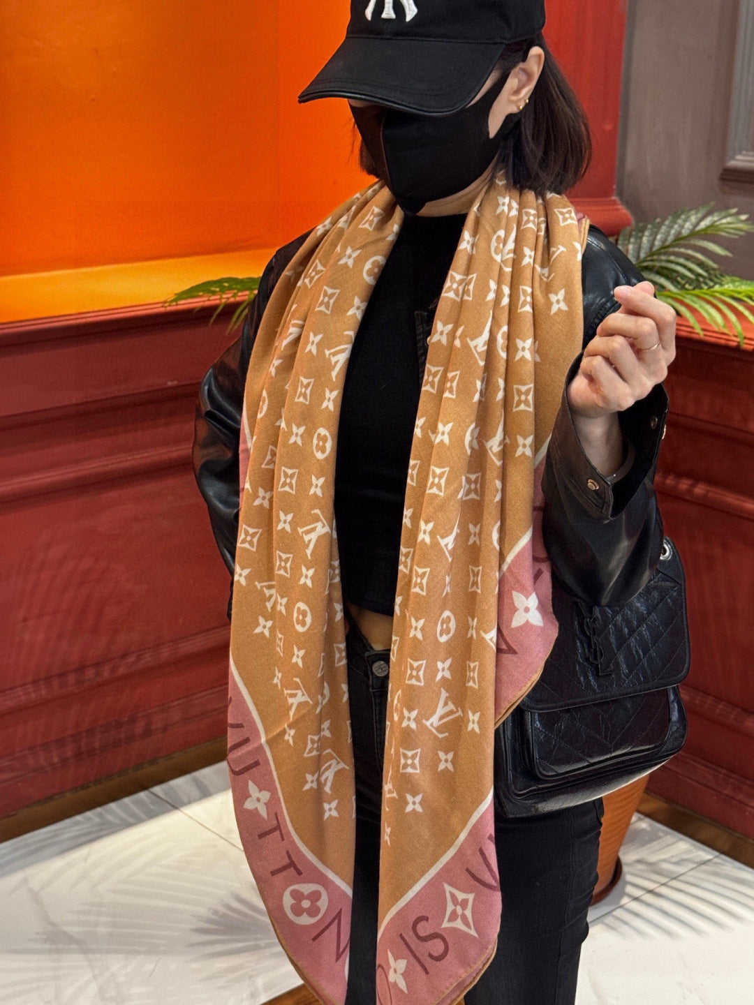 LV Velvet Square Scarf 135cm Camel Pink Cashmere 970948