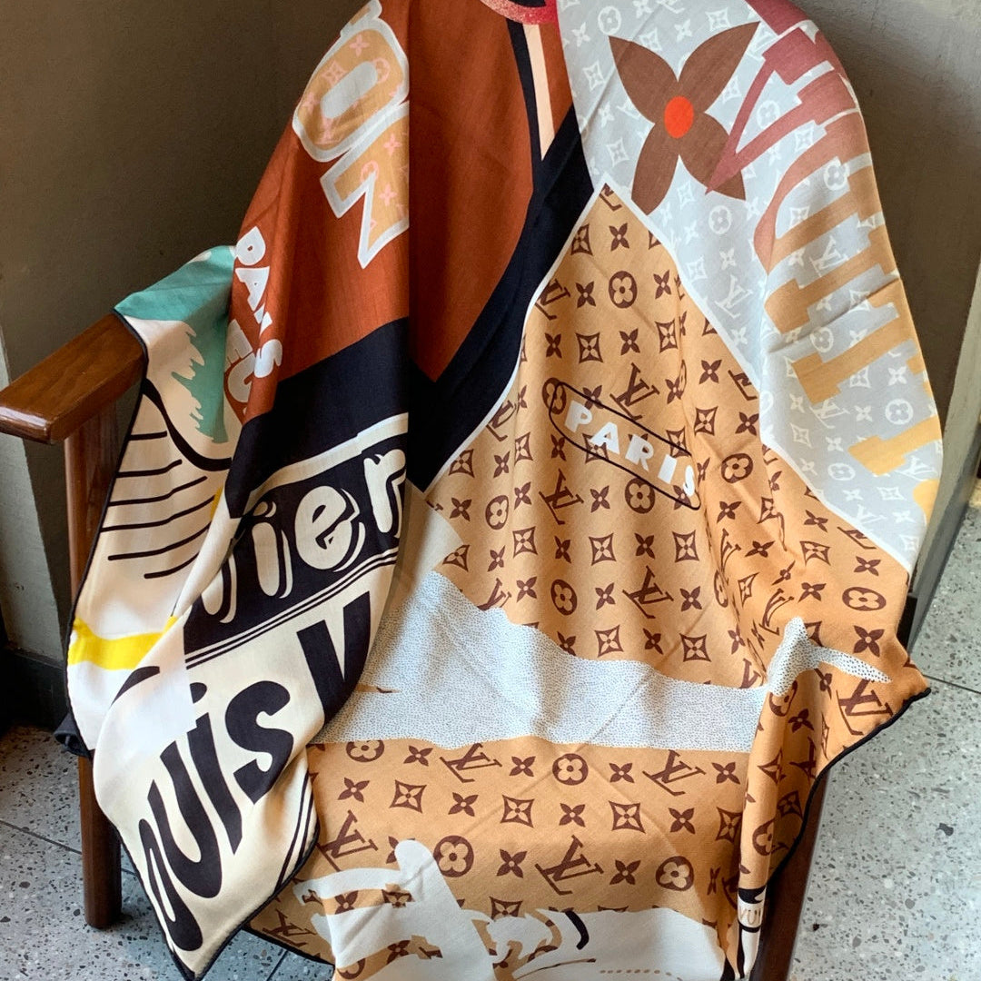 LV Scarf 135cm Brown Multicolor Cashmere Mulberry Silk 976759