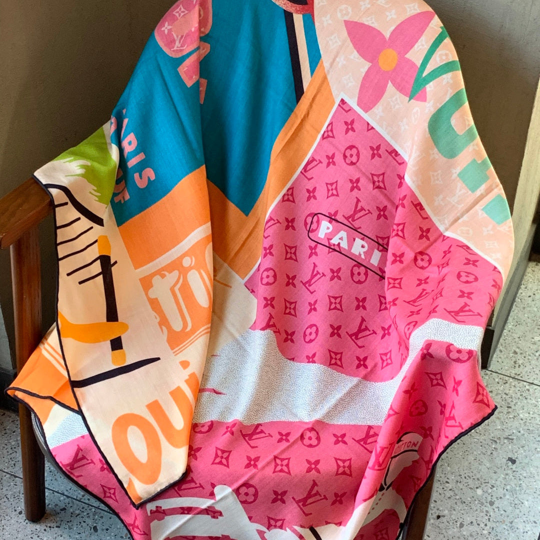 LV Scarf 135cm Pink Multicolor Cashmere Mulberry Silk 976760