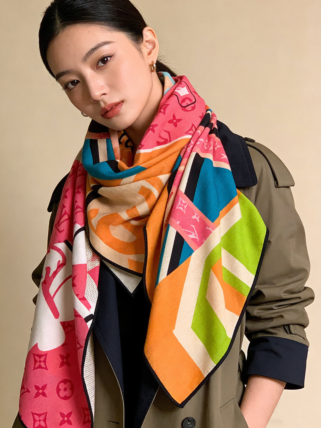 LV Scarf 135cm Pink Multicolor Cashmere Mulberry Silk 976760