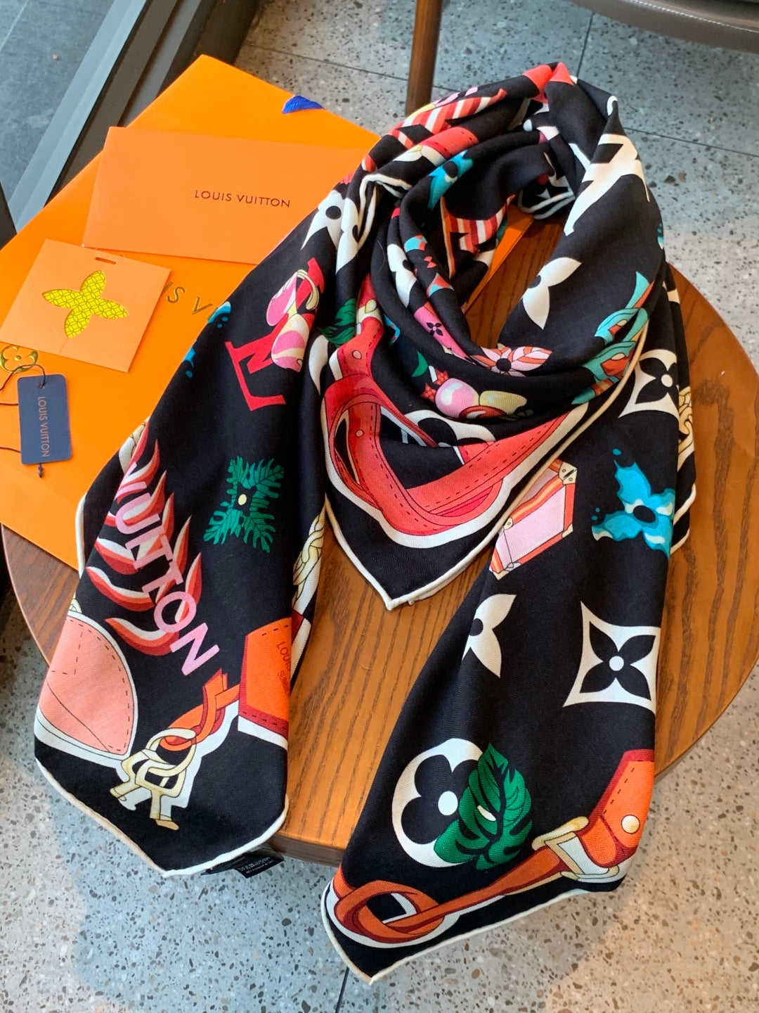 LV Scarf 135cm Black Multicolor Cashmere Mulberry Silk 976764