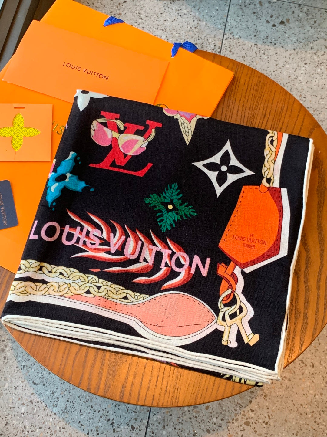 LV Scarf 135cm Black Multicolor Cashmere Mulberry Silk 976764