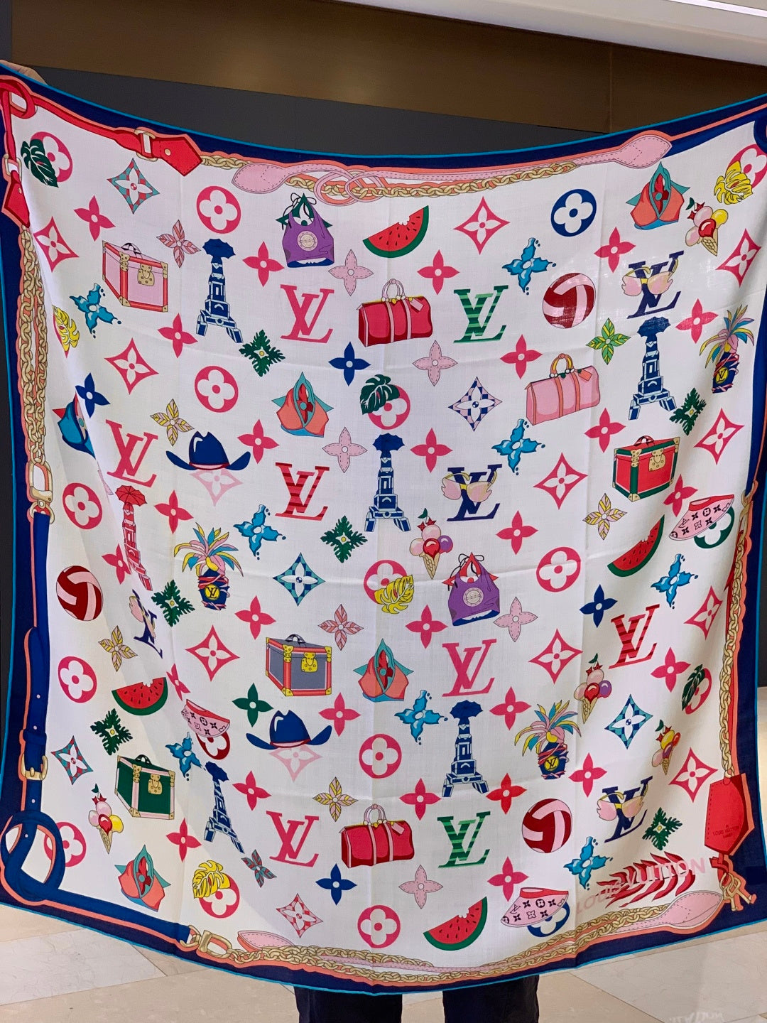 LV Scarf 135cm White Multicolor Cashmere Mulberry Silk 976763