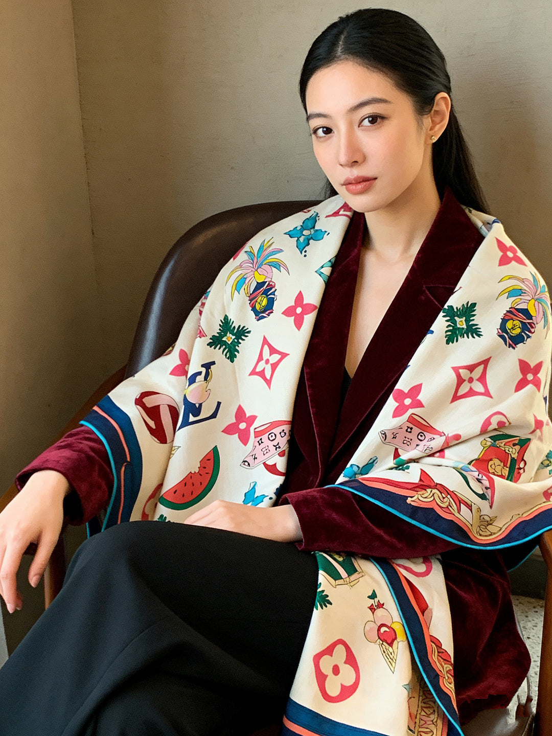 LV Scarf 135cm White Multicolor Cashmere Mulberry Silk 976763