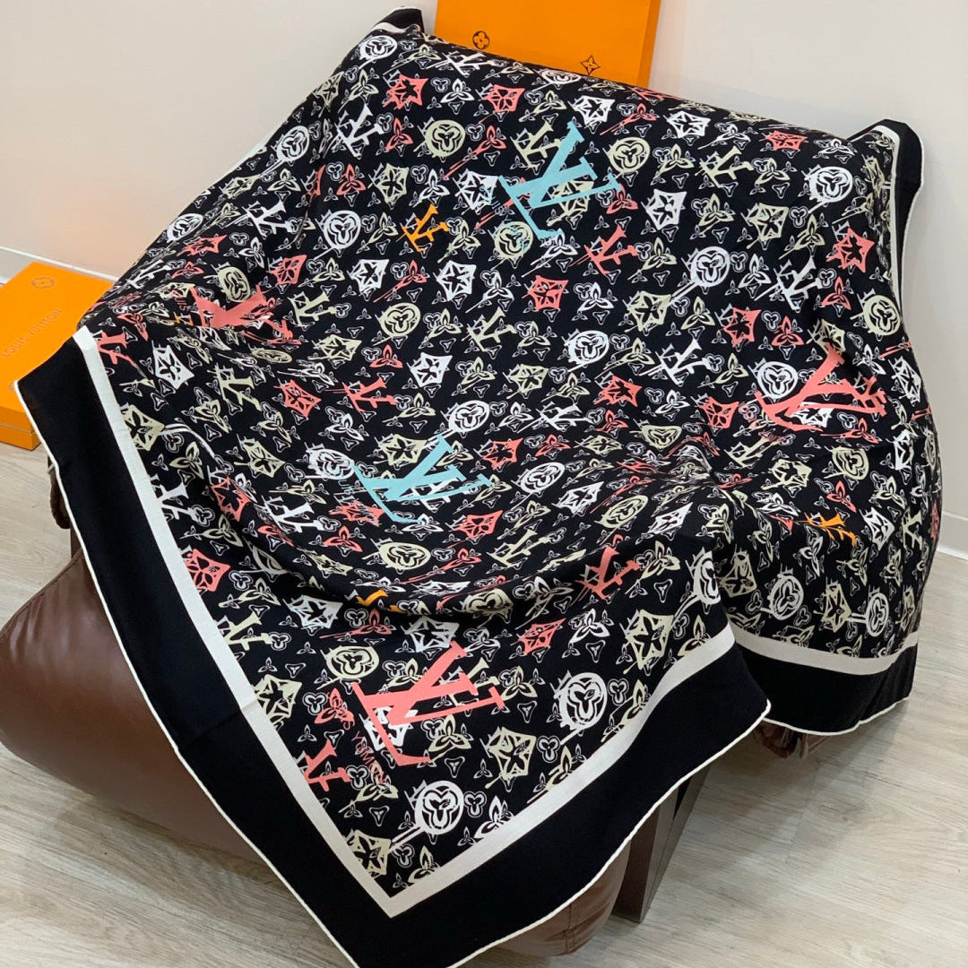 LV Double-Sided Shawl Scarf 140cm Black Multicolor Silk Cashmere 976741