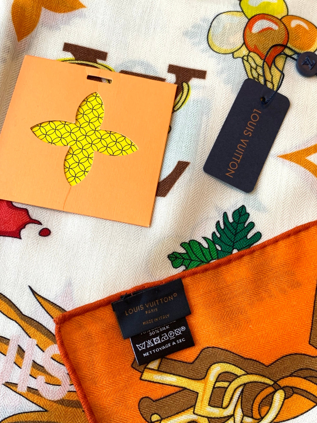 LV Scarf 135cm White Orange Multicolor Cashmere Mulberry Silk 976762