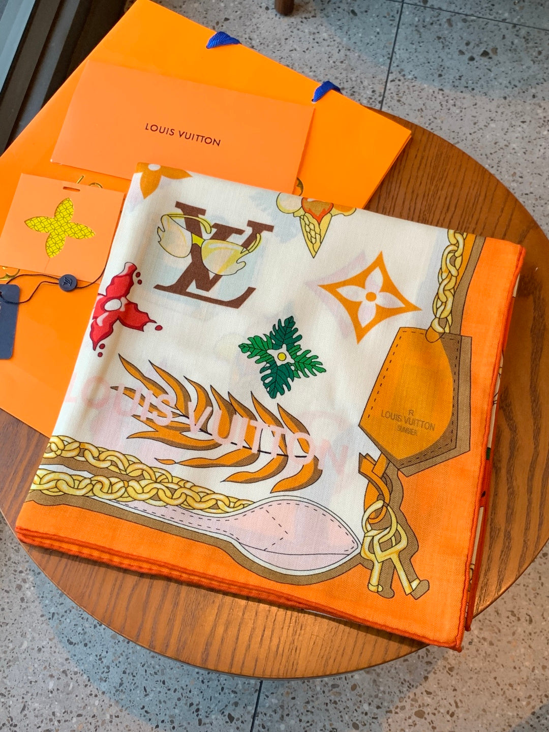 LV Scarf 135cm White Orange Multicolor Cashmere Mulberry Silk 976762