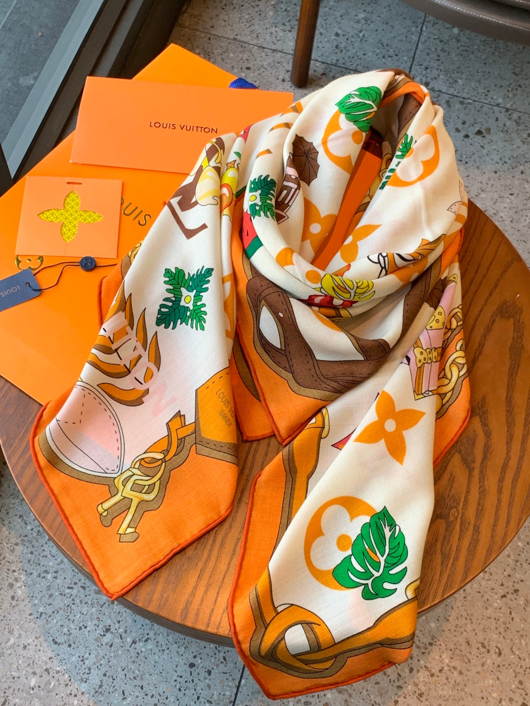 LV Scarf 135cm White Orange Multicolor Cashmere Mulberry Silk 976762