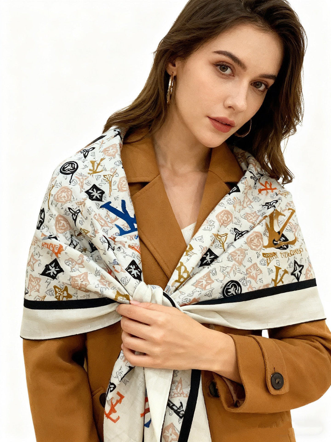 LV Double-Sided Shawl Scarf 140cm White Blue Silk Cashmere 976742