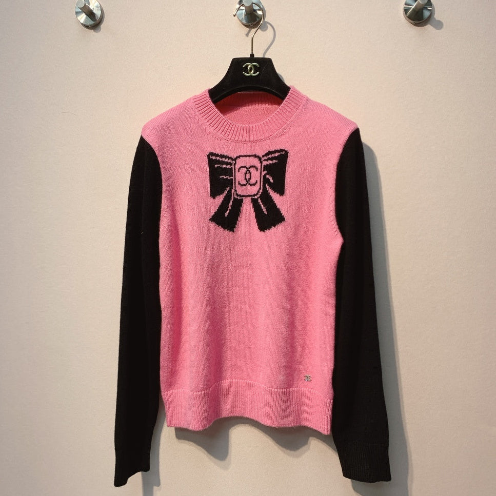 Chanel 25 Bow Sweater Pink Black Wool 317420