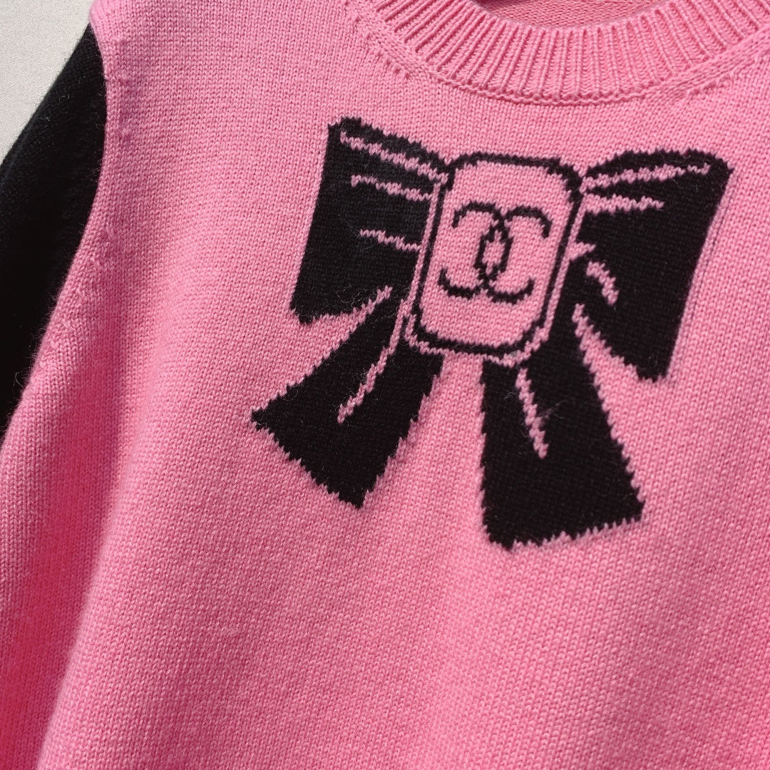Chanel 25 Bow Sweater Pink Black Wool 317420
