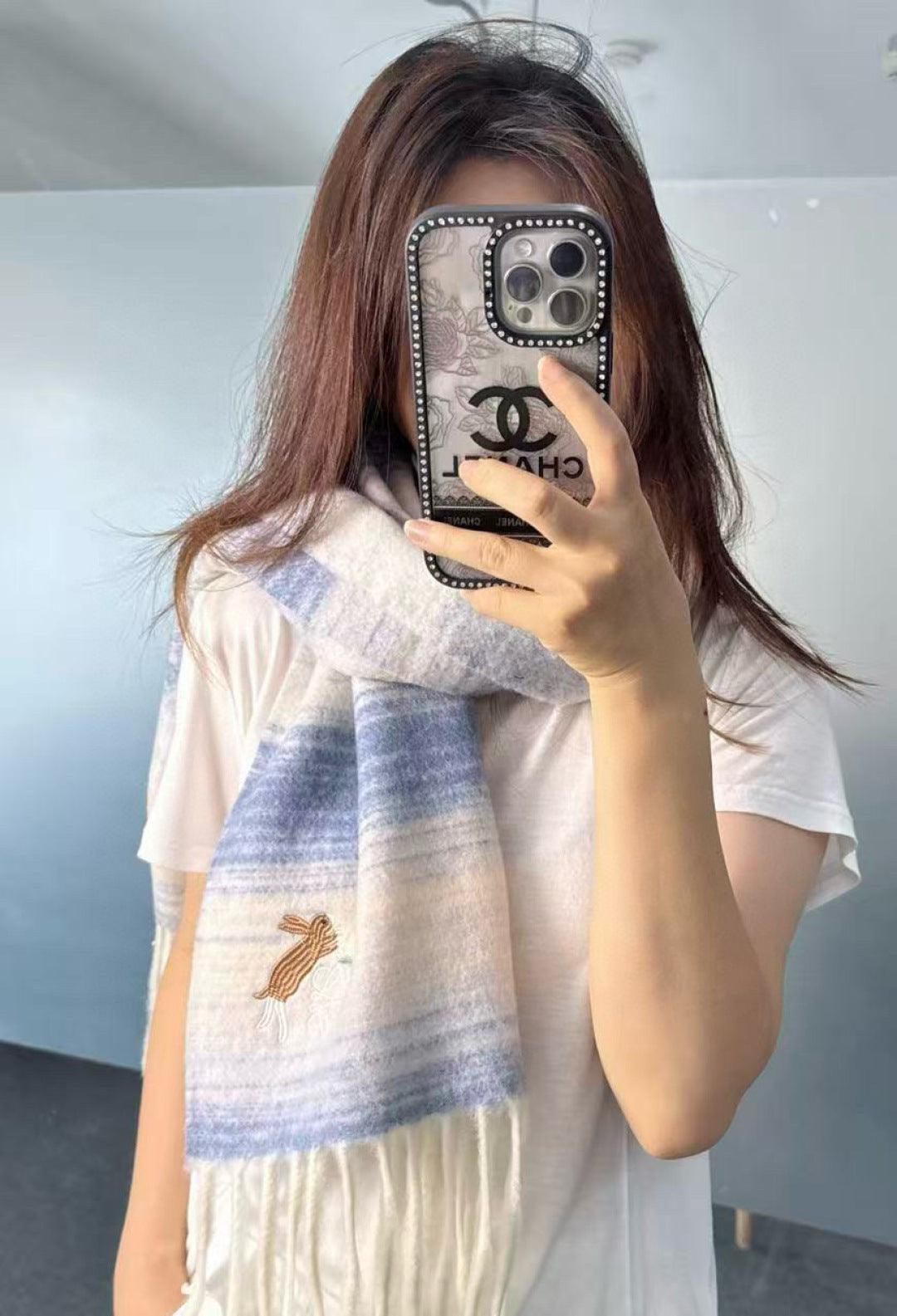 Loewe Scarf 180CM Blue White Cashmere 968376