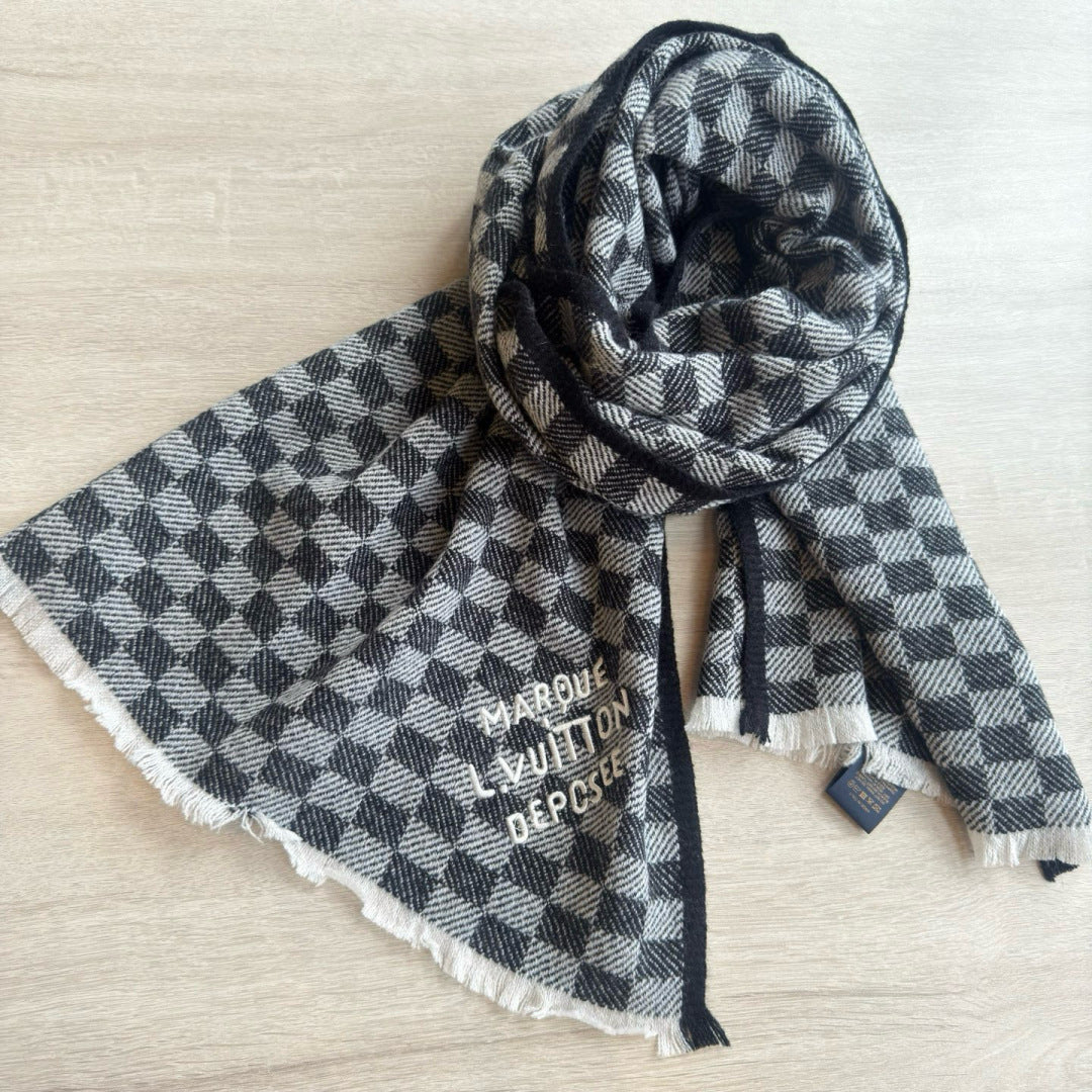 LV Classic Scarf 190cm Black Gray Cashmere 971113