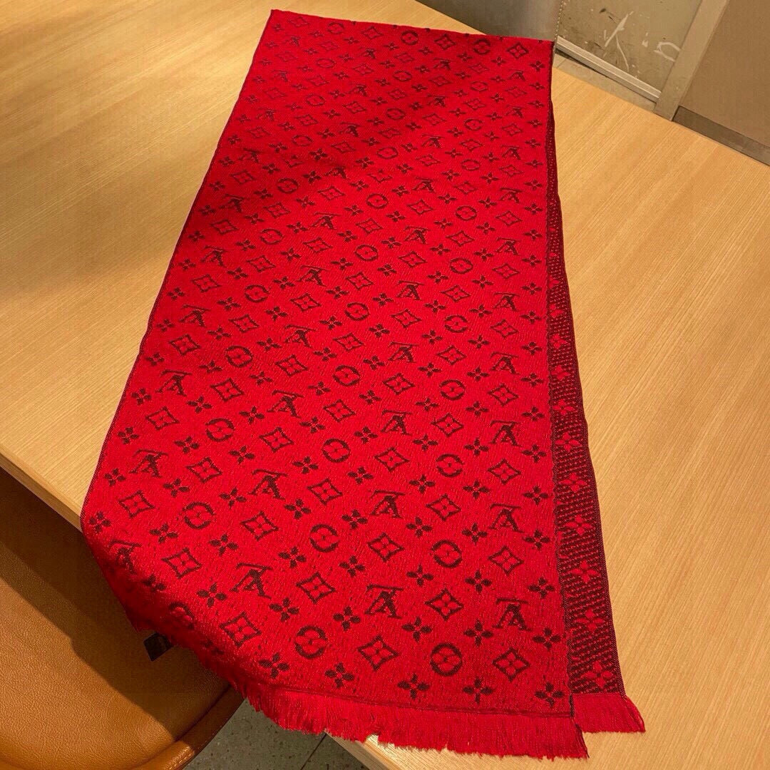 LV Scarf 180cm Red Black Cashmere 973413