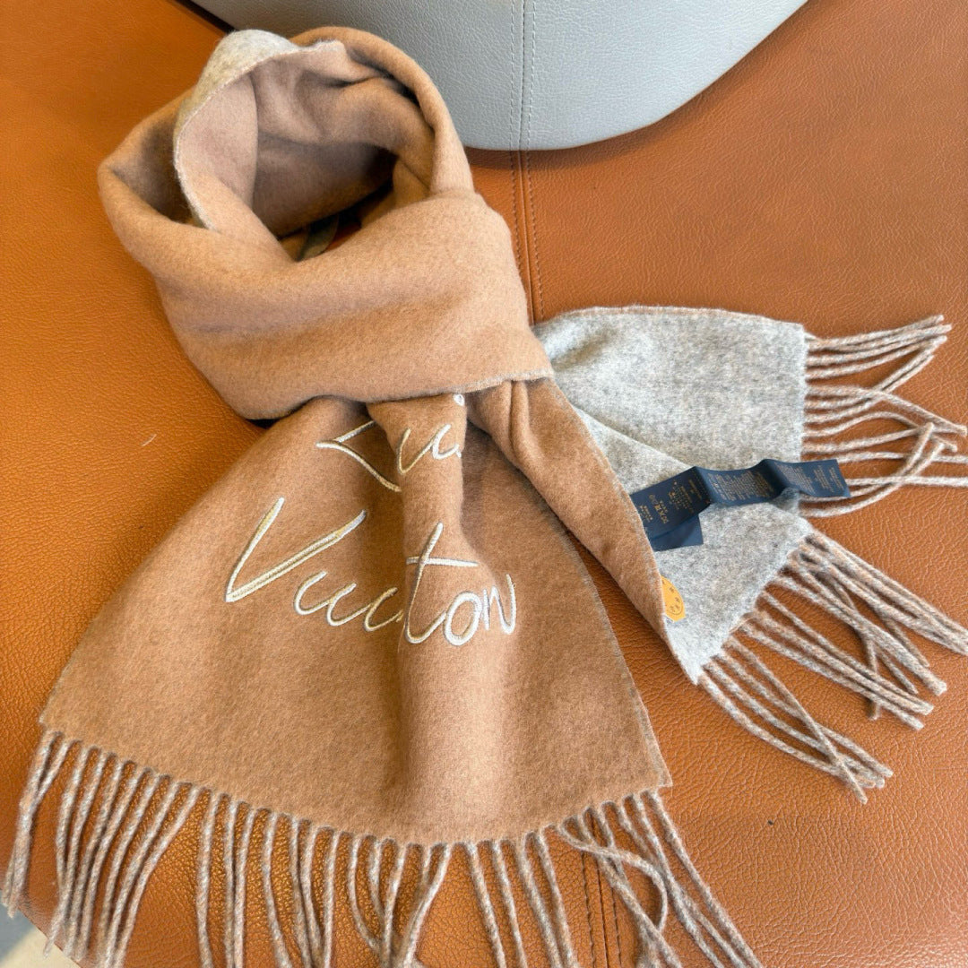 LV Reversible Scarf 180cm Light Brown Gray Sheep Wool 978752