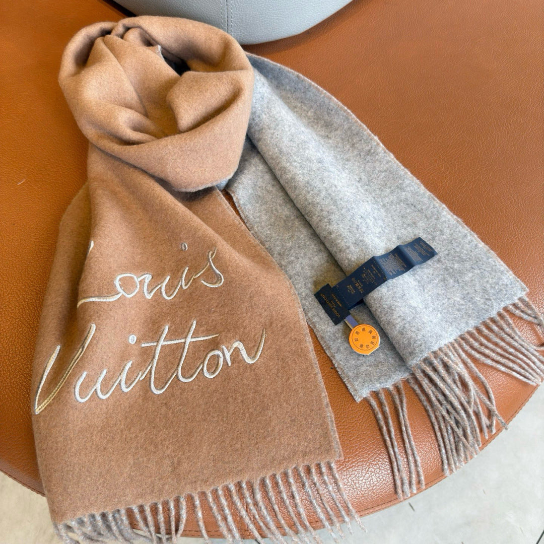 LV Reversible Scarf 180cm Light Brown Gray Sheep Wool 978752