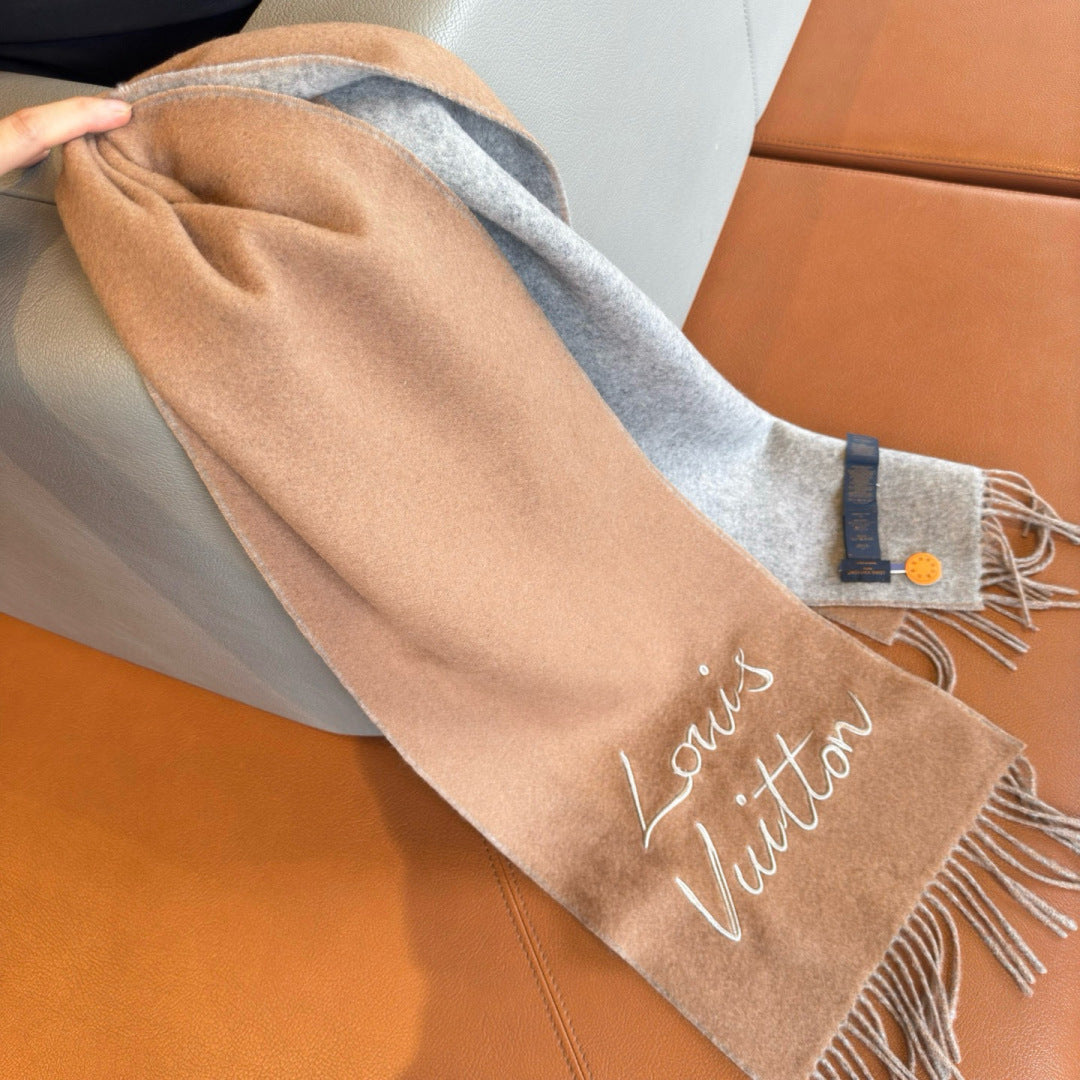 LV Reversible Scarf 180cm Light Brown Gray Sheep Wool 978752