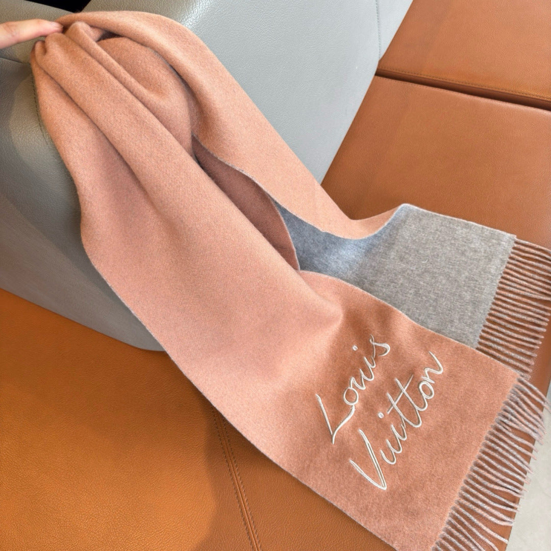 LV Reversible Scarf 180cm Pink Gray Sheep Wool 978753