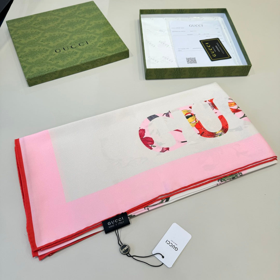 GG Signature Floral Scarf 90CM  White Pink  Twill Silk 280696