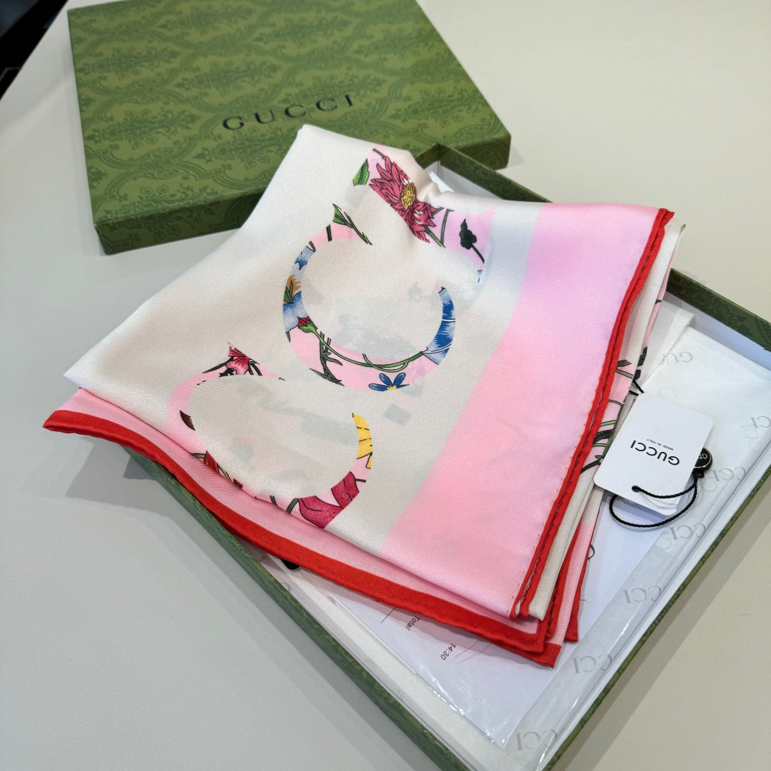 GG Signature Floral Scarf 90CM  White Pink  Twill Silk 280696