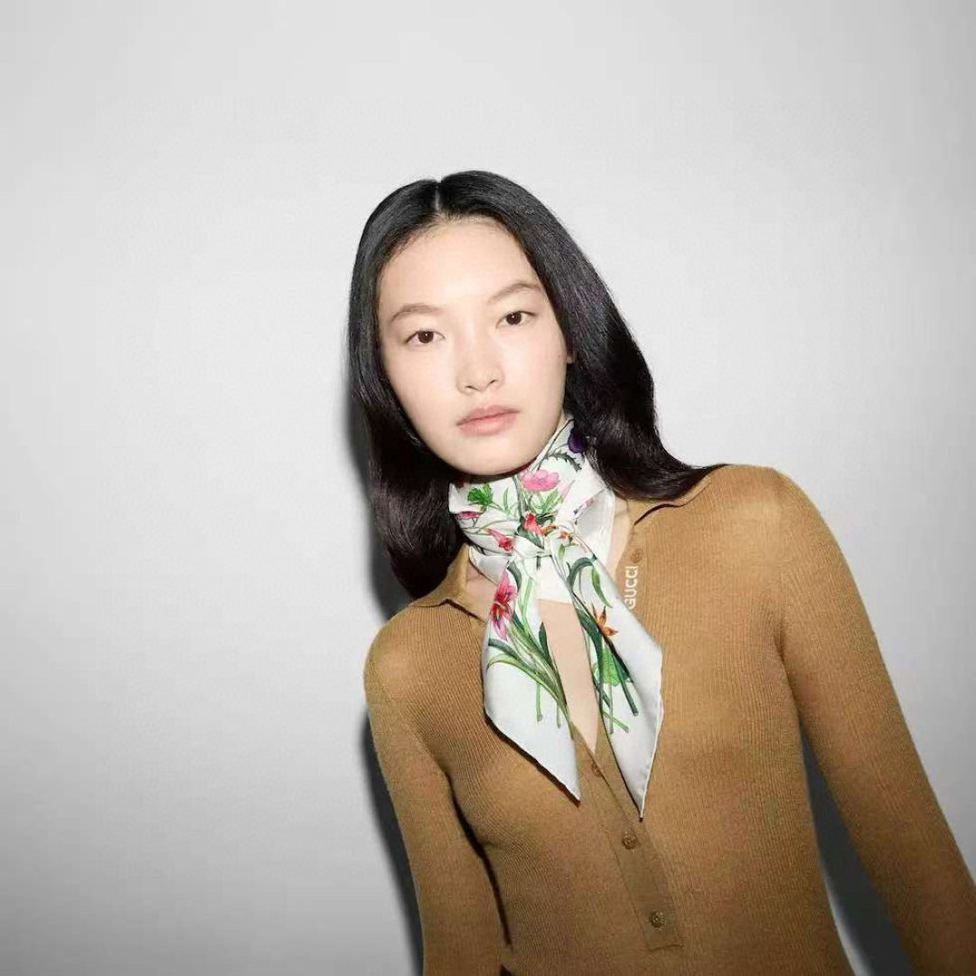 GG Scarf 90CM  White Multi-Colored Floral Mulberry Silk 286774