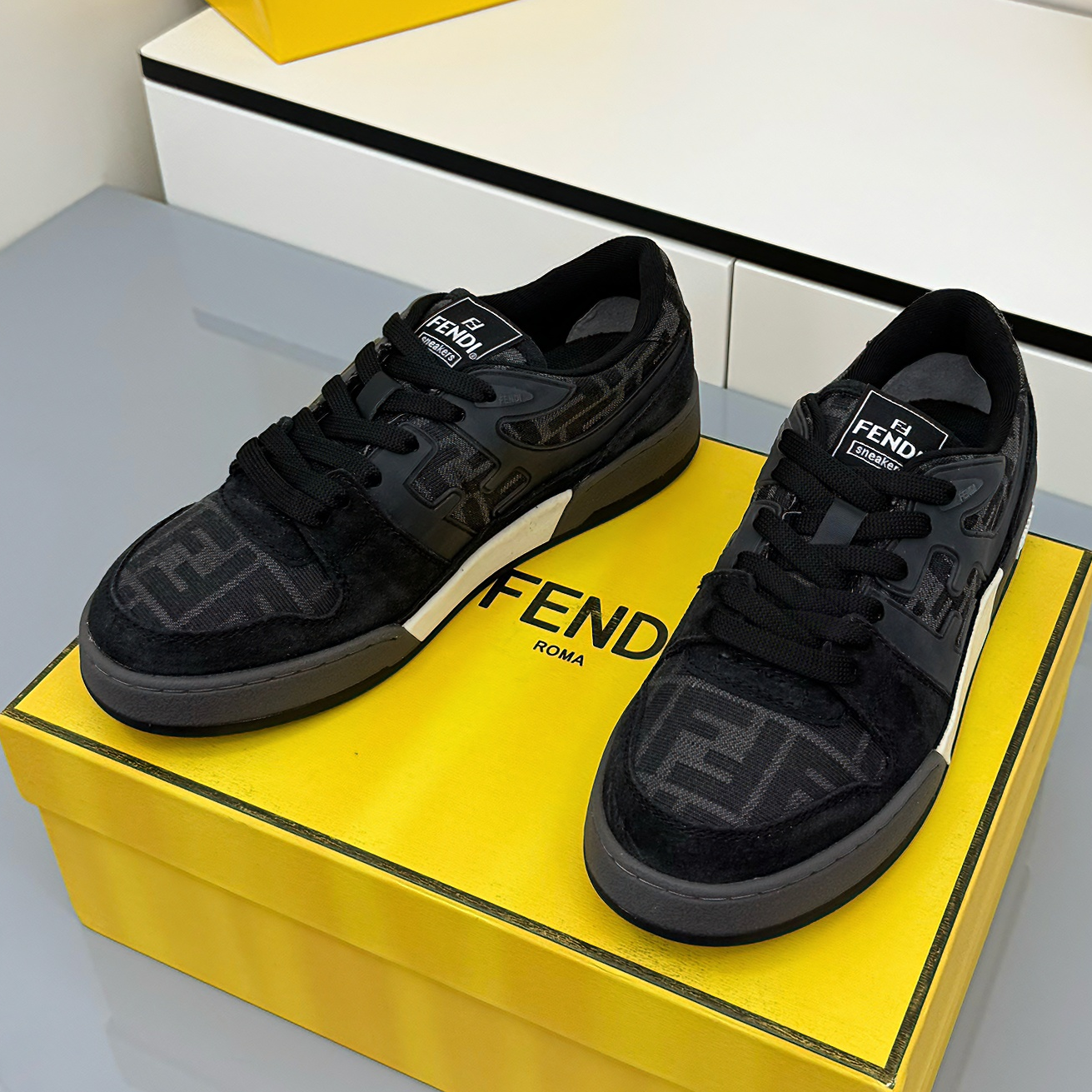 Fendi 2025 FF Jacquard Pattern Sneaker Black Suede Cowhide 559789