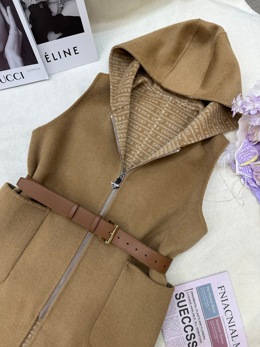 Prada 25 Hooded Vest Camel Wool 637341