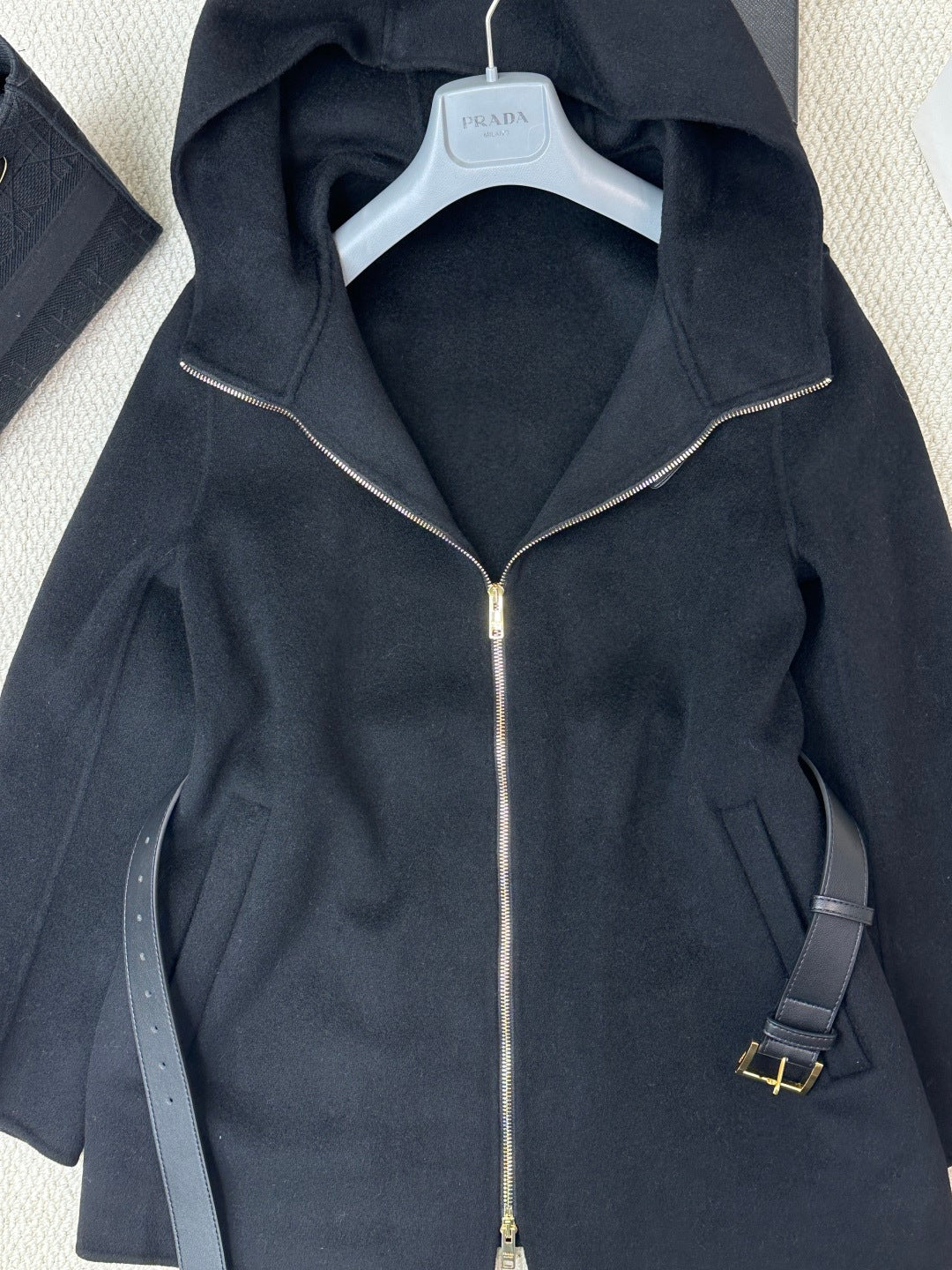 Prada 25 Mid-length Hooded Coat Black Wool 637355