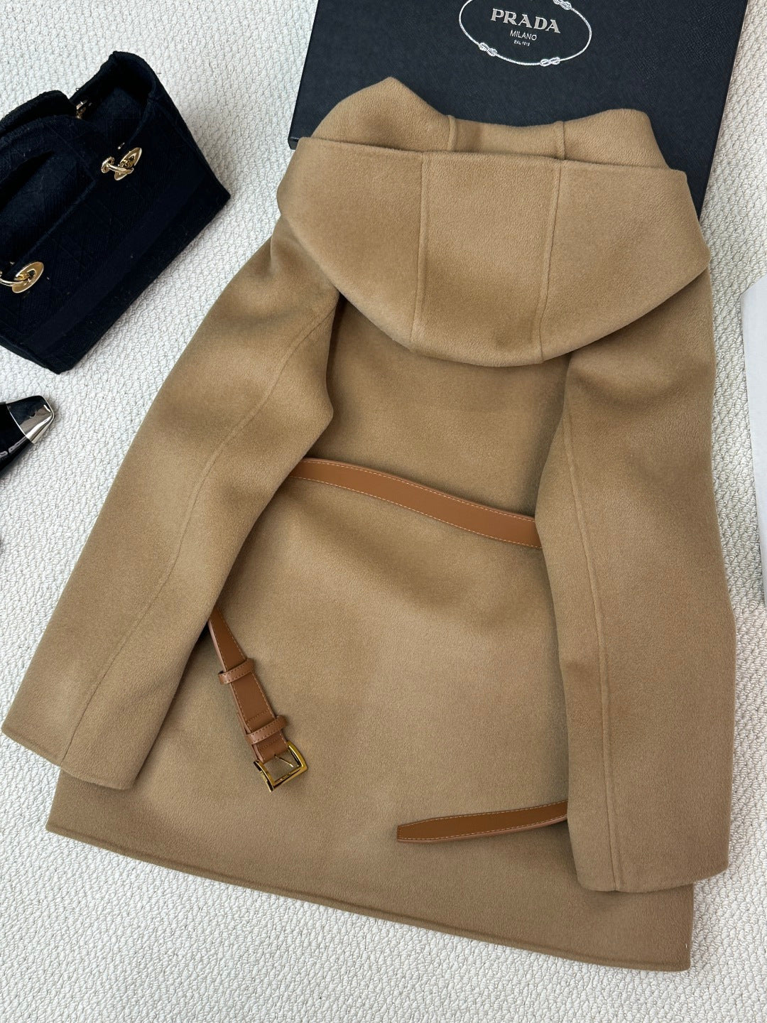 Prada 25 Mid-length Hooded Coat Camel Brown Wool 637354