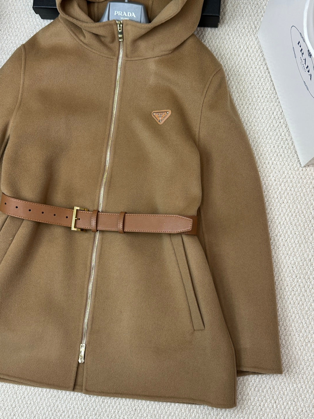 Prada 25 Mid-length Hooded Coat Camel Brown Wool 637354