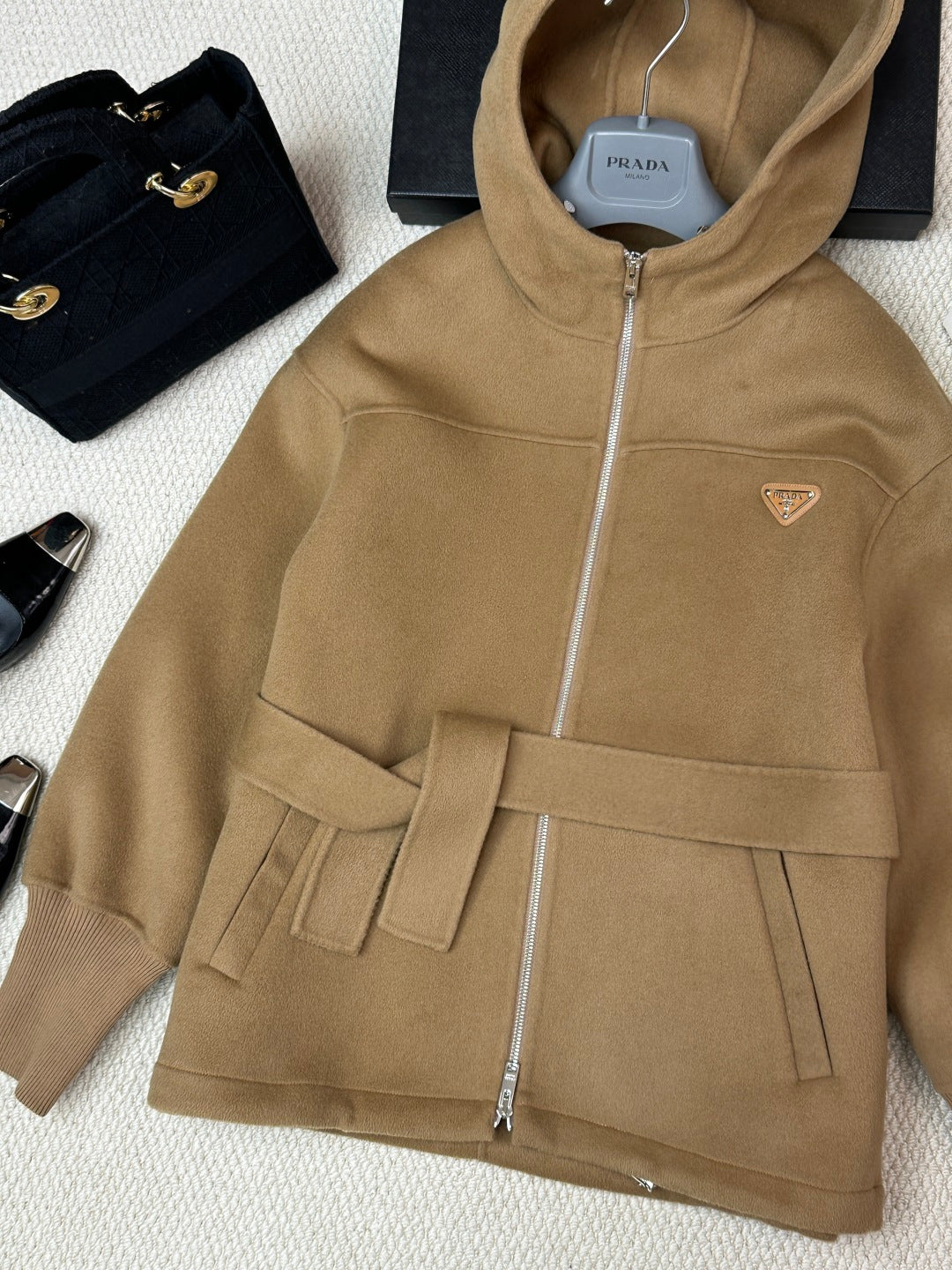 Prada 25 Hooded Coat Camel Wool 637350