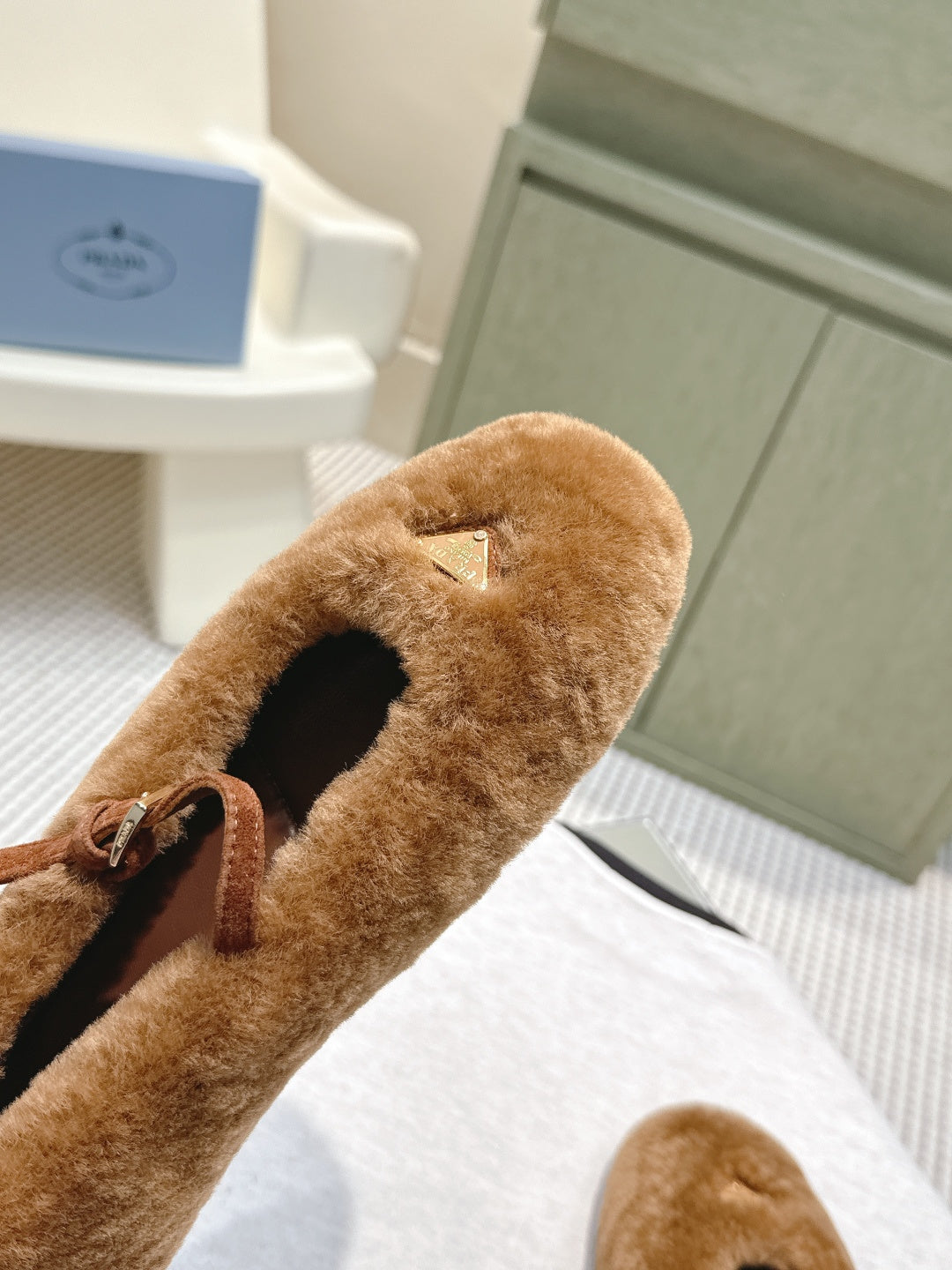 Prada 25 Shearling Ballerina Flats Brown Wool Sheepskin